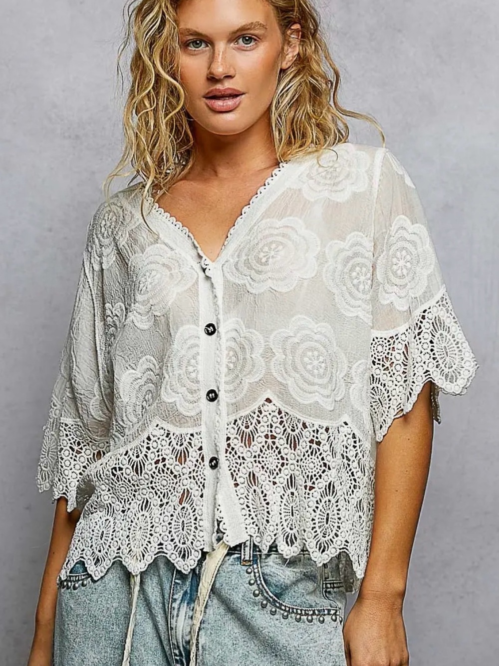 POL white lace crochet tapestry patchwork floral cardigan tunic top blouse